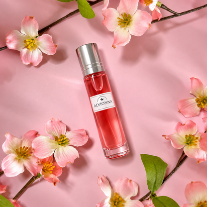 Profumo Alvionna su fondo rosa con fiori