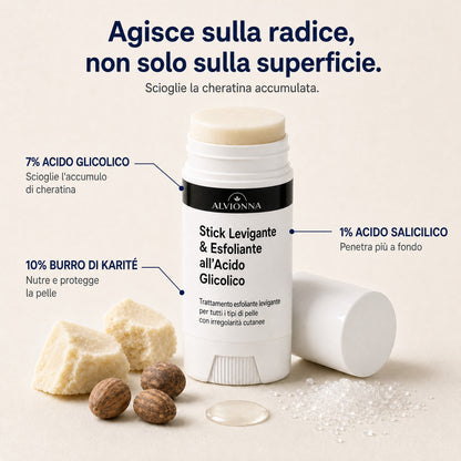 Stick Alvionna all'acido glicolico: 7% acido glicolico, 1% acido salicilico, 10% burro di karité