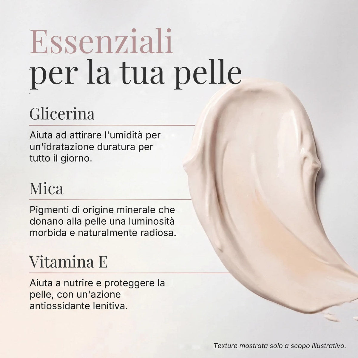 Essenziali per la tua pelle — glicerina, mica, vitamina E